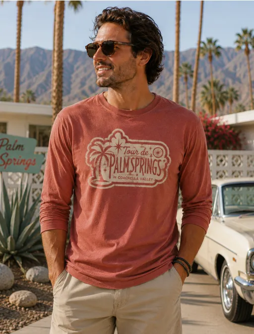 Man wearing a terracotta long-sleeve Tour de Palm Springs tee, palms and mountains behind him