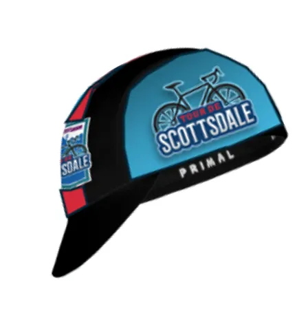 Blue and black cycling cap with the Tour de Scottsdale bicycle logo, on white