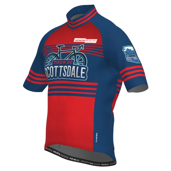 Red and navy short-sleeve cycling jersey with the Tour de Scottsdale bicycle logo on the chest, on white
