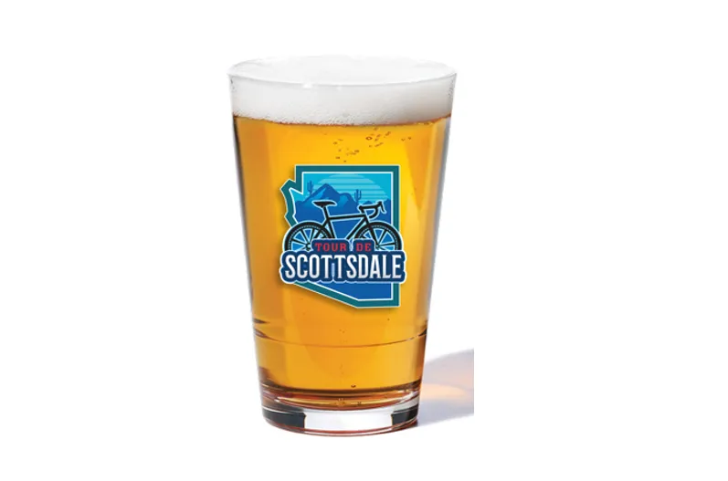 Pint glass of beer with the Tour de Scottsdale logo, on white