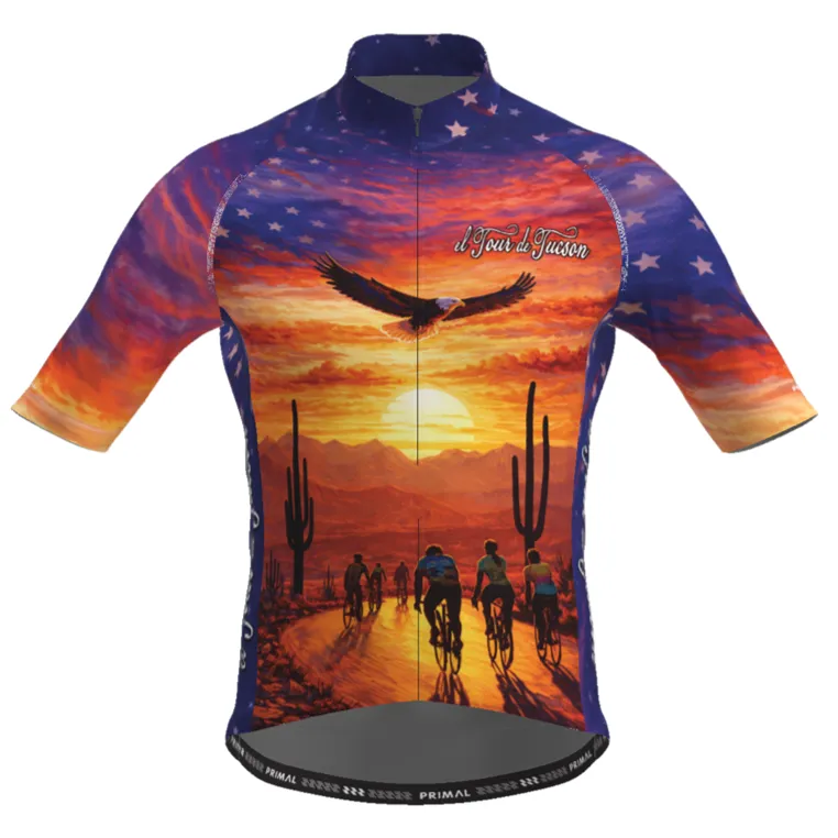 Short-sleeve cycling jersey printed with the 43rd El Tour de Tucson sunset, saguaros and riders, on white