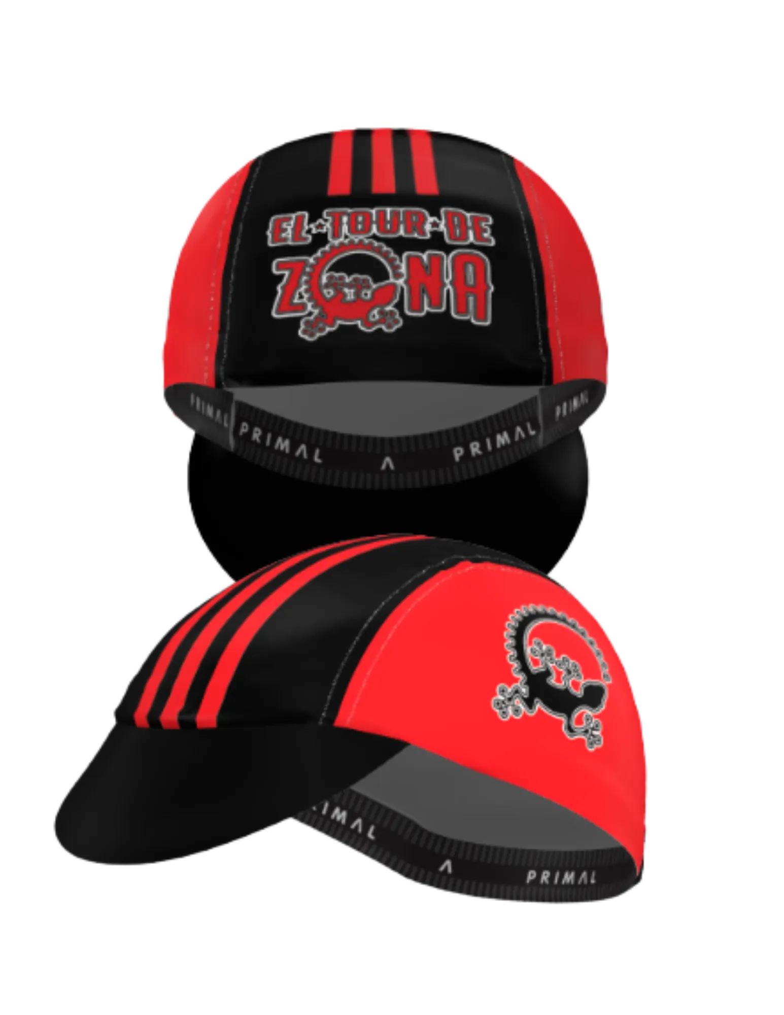 Two views of a black and red El Tour de Zona cycling cap