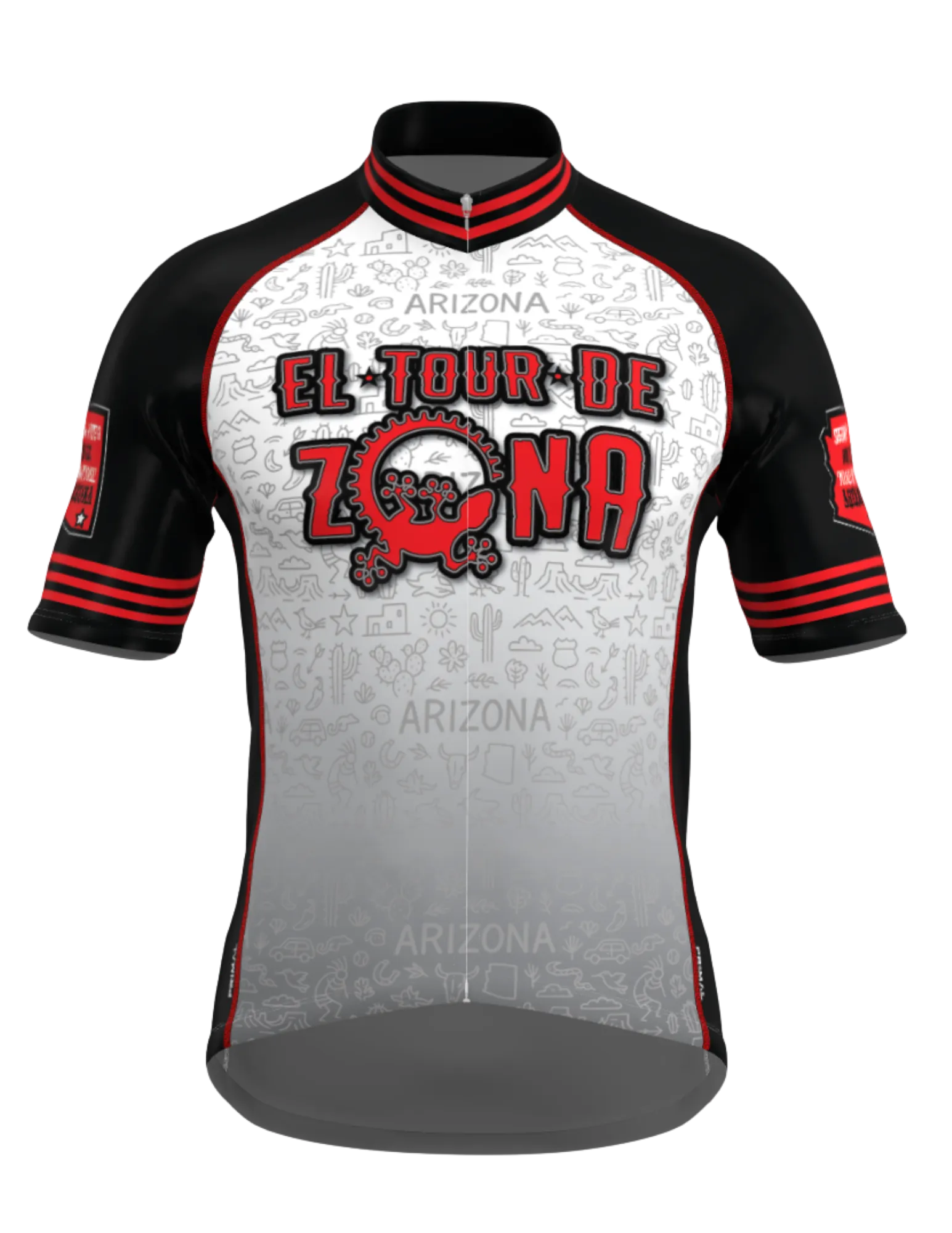 Black, white and red short-sleeve cycling jersey with El Tour de Zona lettering across the chest