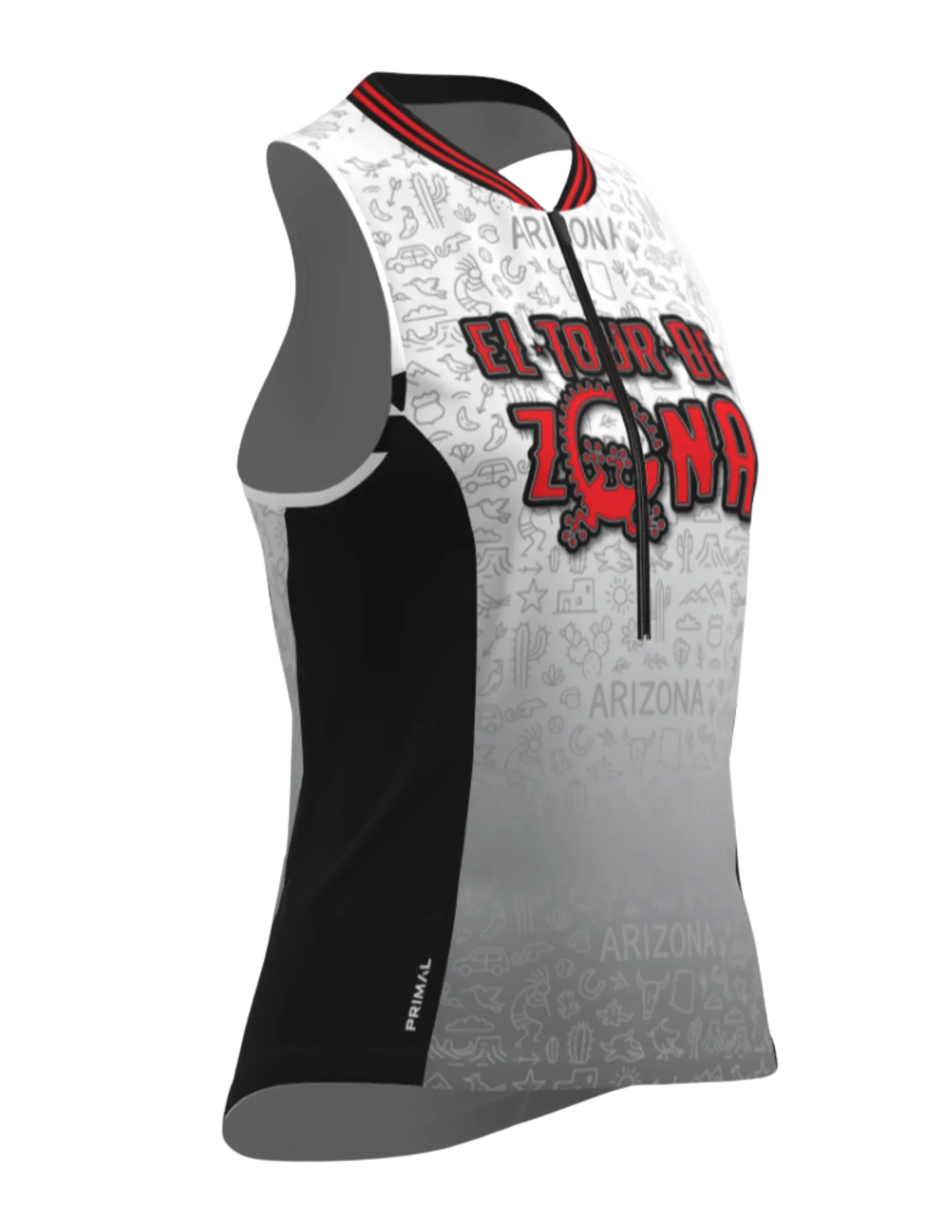 White and grey sleeveless cycling top with El Tour de Zona lettering on the chest